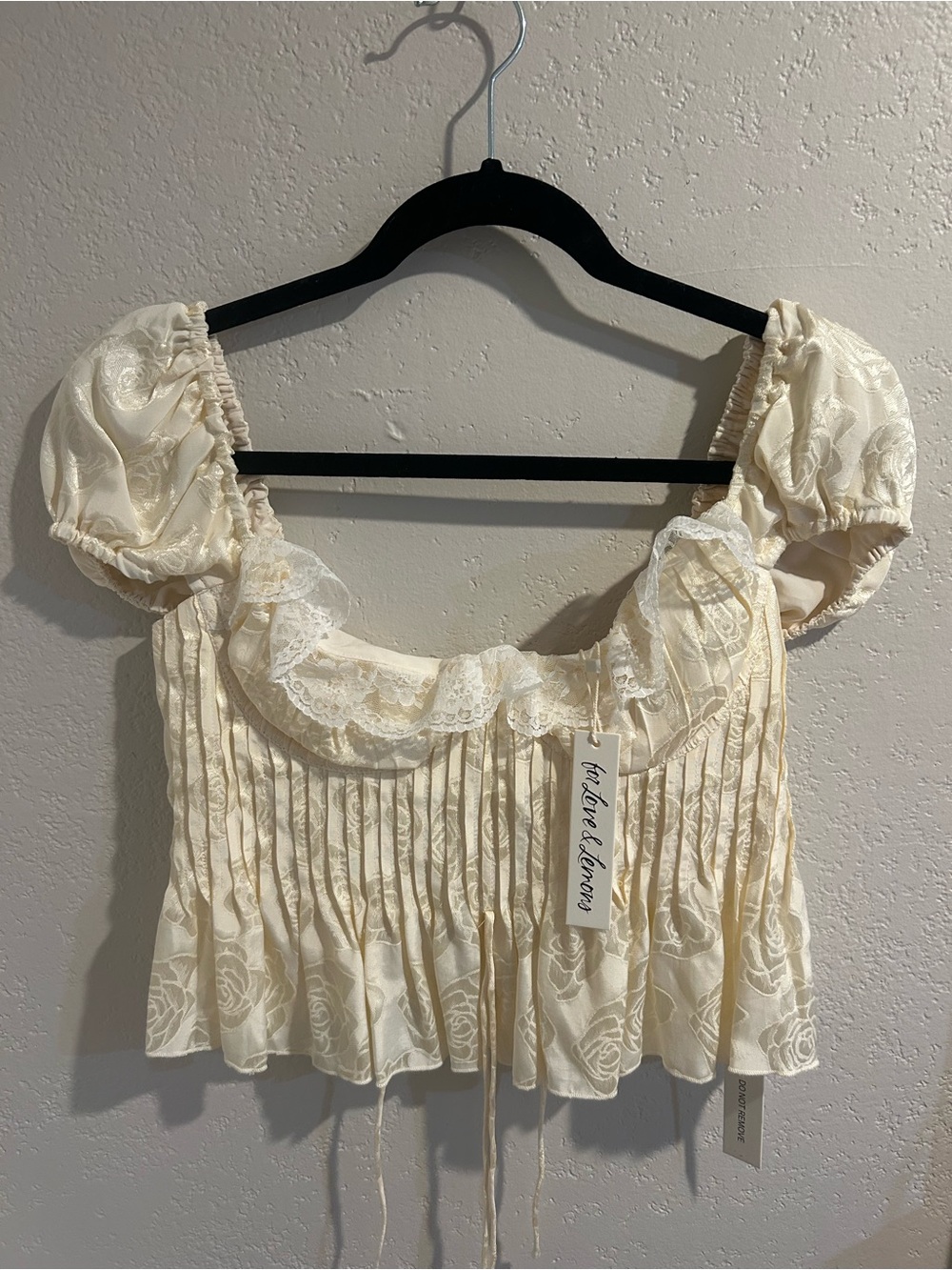 For Love & Lemons Cream Lace-Trim Puff Sleeve Crop Top